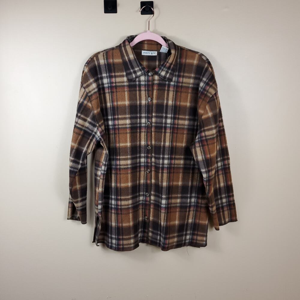 Vintage Energie Brown Plaid Long Sleeve Fleece Button-up Shirt Size L
